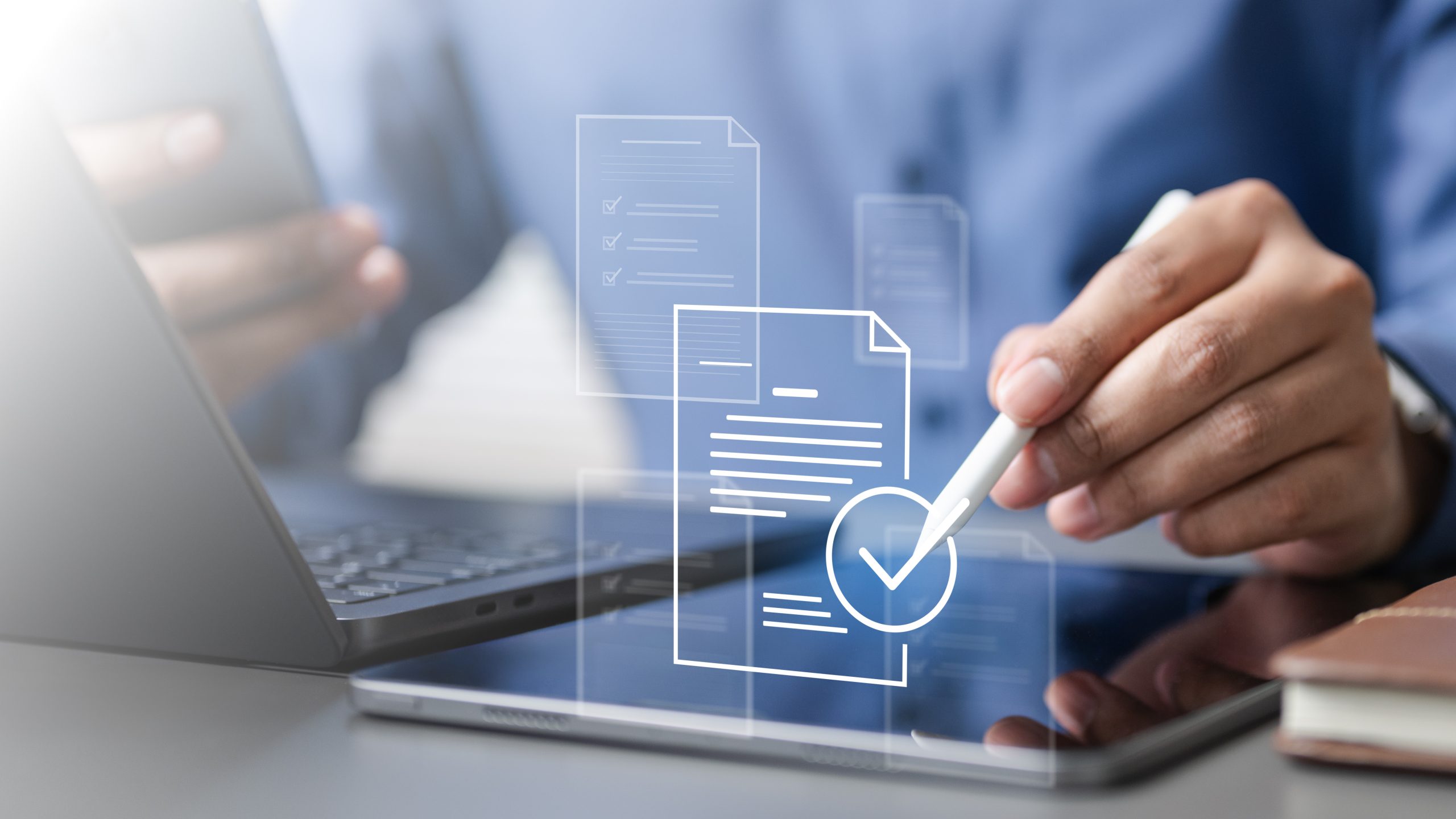 Home person using digital tablet with document icons, representing tax receipts, accounting records, finance organization, digital filing, and bookkeeping for efficient financial management and compliance.